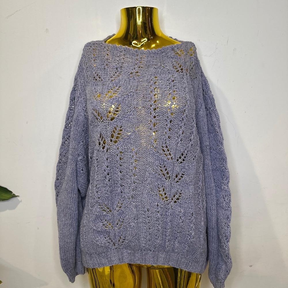 Light Summer Pointelle Knit Sweater Periwinkle Purple Leaf Style Oversized LARGE